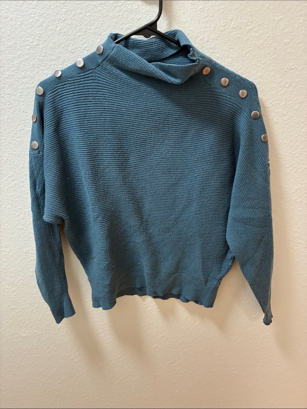 Carmen Marc Valvo Teal Button-Shoulder Turtleneck Sweater